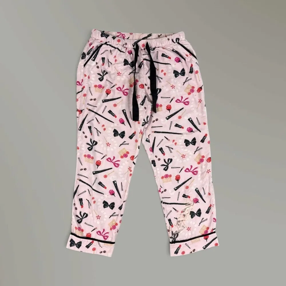 Kate Spade Pink Flannel Pajama Set Makeup Lipstick Bows Sz Med READ DESC.